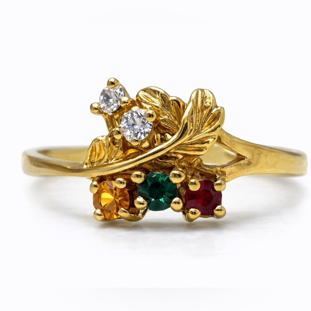 Vintage Gold plated Leaf Multi simulated gemstone Ring Accents Size 6 retro Y2K